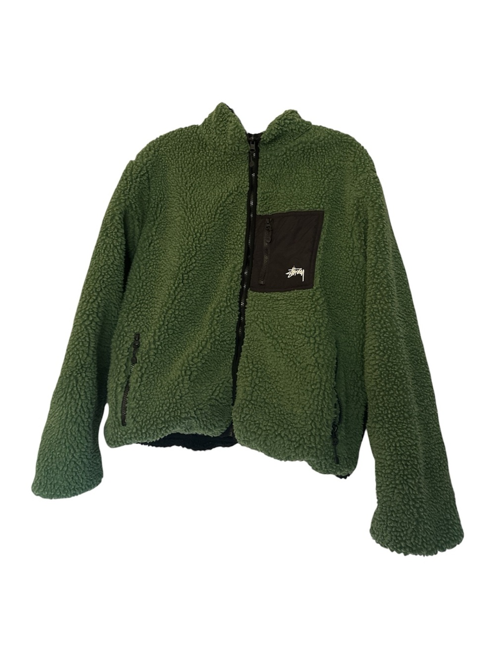 Stussy Reversible Green Sherpa Zip-Up Jacket